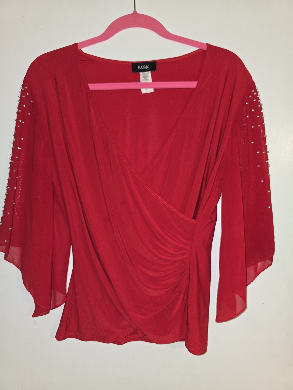 MSK Red Wrap Front Blouse with Beaded Sleeves
